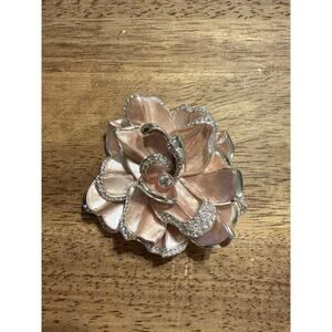 Joan Rivers Pink Gardenia Pin Brooch Limited Edition 918 Enamel Pave Crystal 3"